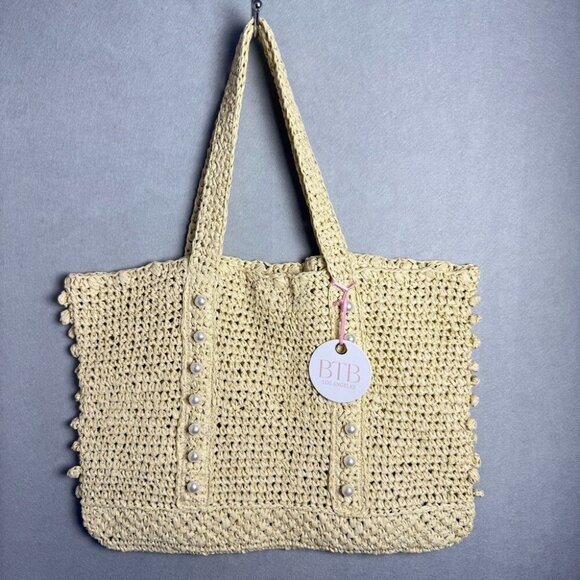 BTB Los Angeles Lisbeth Raffia Tote Unlined Pearl Detail - Picture 1 of 11